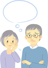 イラスト素材:老夫婦が向かい合って不安な表情で悩む場面　 吹き出しとコピースペース（透過背景）
