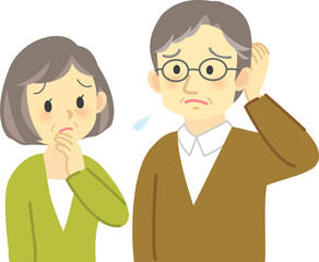 イラスト素材:老夫婦が向かい合って困った表情で思い悩む場面　 頭を掻く動作をするおじいさん（透過背景）
