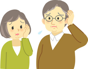 Fototapeta premium イラスト素材:太った老夫婦が向かい合って困った表情で思い悩む場面 頭を掻く動作をするおじいさん（透過背景） 