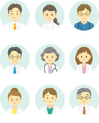 人物イラスト素材：医療現場で働く医療従事者の丸いアイコンマーク（男女正面/上半身）　20代～シニア（透過背景）
