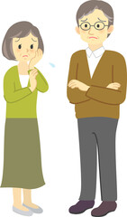 イラスト素材:老夫婦が向かい合って困った表情で思い悩む場面（男女の全身立ち姿）（透過背景）

