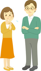 イラスト素材:若夫婦が向かい合って困った表情で思い悩む場面（男女の全身立ち姿）（透過背景）
