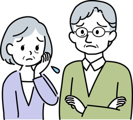 イラスト素材:老夫婦が向かい合って困った表情で思い悩む場面　 腕組みしたおじいさん　主線あり（透過背景）
