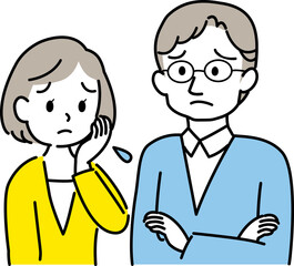 イラスト素材:若夫婦が向かい合って困った表情で思い悩む場面　 腕組みした姿　主線あり（透過背景）
