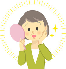 イラスト素材：肌トラブル　シニア女性が若返った姿を鏡で見て喜ぶ姿　上半身（透過背景）
