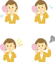 イラスト素材セット：肌トラブル　若い女性がお肌の老化を鏡で見て悩む姿　しみ/しわ/たるみ/上半身（透過背景）
