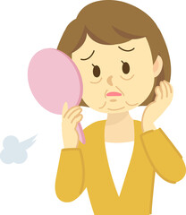 イラスト素材：肌トラブル　若い女性がブルドックフェイス、ブルドックだるみに悩む姿（透過背景）
