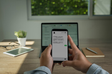 Man sending text message and sms with smartphone Communication Text Message Using Mobile Phone...