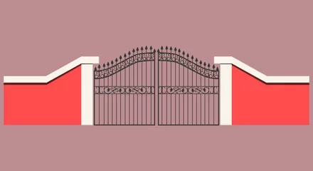 Fotobehang The forged entrance gate is made of pink cement wall. Cast iron forging with roundings and spikes. Vector illustration. A large metal door as an entrance gate. © Svetlana