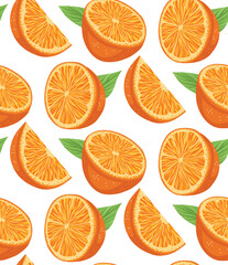Vector seamless pattern with small orange slices with foliage on white background. Texture with cartoon juicy fruit with leaves. Summer background