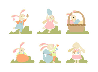 Cute Easter Bunny with Eggs in the Garden Vector Set