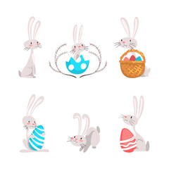Funny Easter Bunny with Long Ears and Grey Coat with Decorated Eggs Vector Set