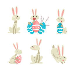 Funny Easter Bunny with Long Ears and Grey Coat with Decorated Eggs Vector Set