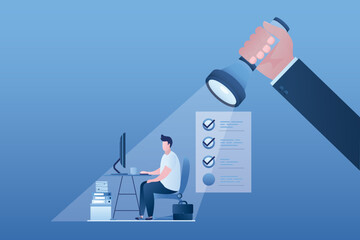 Boss hand use flashlight to lighting and evaluate his employee according to each items. Employee performance assessment, giving review to improve productivity, individual work rating.