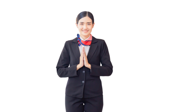 Young asian woman receptionist at reception desk with pay respect. Portrait of smiling female receptionist working in hotel