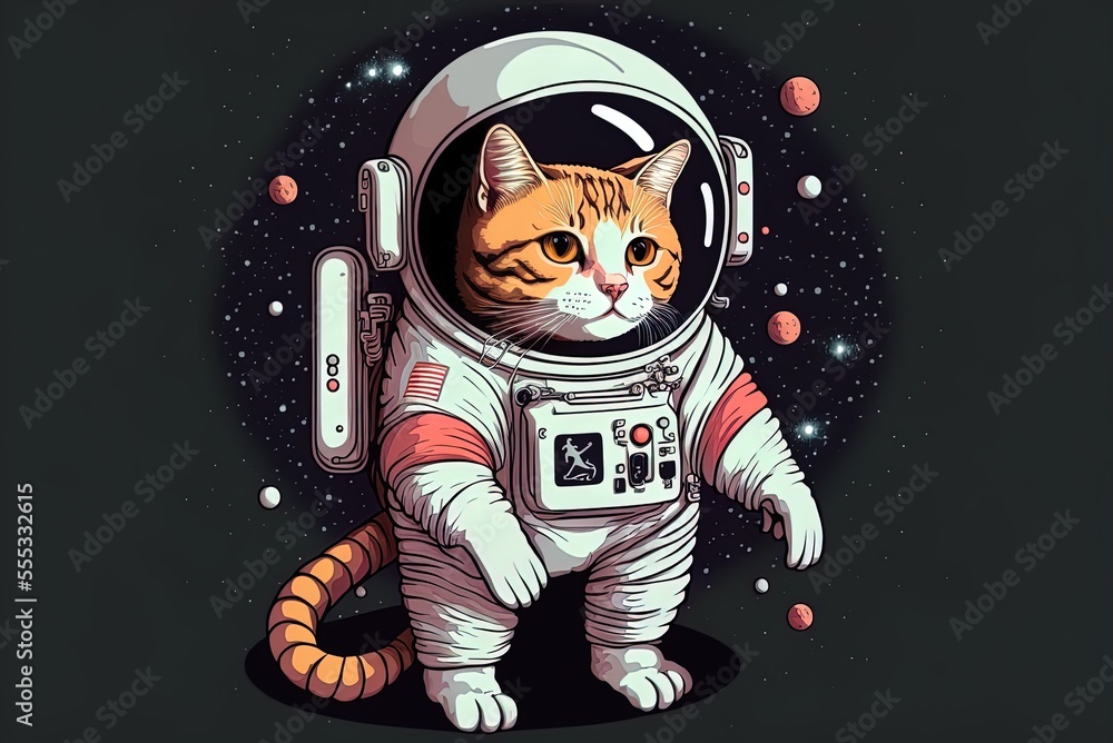 Poster Cat in spacesuit image in cute cartoon style. Generative AI