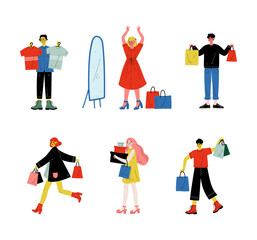 Man and Woman with Shopping Bags Making Purchase in Shopping Mall Vector Set