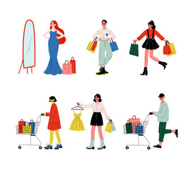 Man and Woman with Shopping Bags Making Purchase in Shopping Mall Vector Set