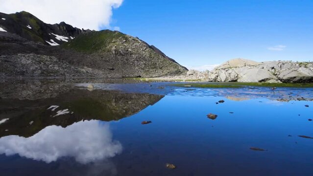 July 14th 2022, Himachal Pradesh India. Wide angle view of Nain Sarovar Lake . Shrikhand Mahadev Kailash Yatra in the Himalayas.