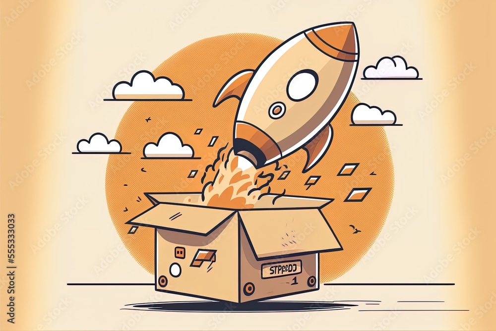 Poster cartoon icon artwork of a rocket taking off from a box, representing the notion of business technolo