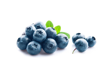 Blueberries with leaves on white backgrounds.