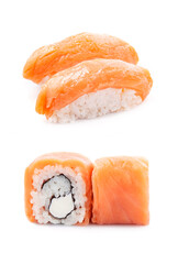 Sushi on white backgrounds.
