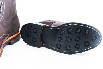 Footwear Ideas. Premium Dark Brown Grain Brogue Derby Boots Made of Calf Leather with Rubber Sole...