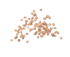 Peanut flying explosion, brown grain peanuts explode abstract cloud fly. Beautiful complete seed pea peanut splash in air, food object design. Selective focus freeze shot white background isolated