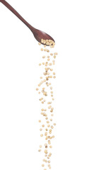 Soy Bean fall, yellow grain beans explode abstract cloud fly from wooden spoon. Beautiful complete seed pea soy bean, food object design. Selective focus freeze shot white background isolated