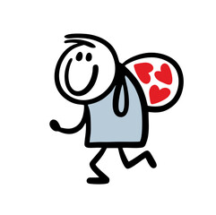 Doodle loving man runs contentedly and carries a bag with womens hearts.