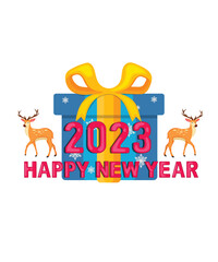 Christmas greeting card. Happy New Year 20223 Number with gift box in cartoon style Christmas decoration isolated in white background.