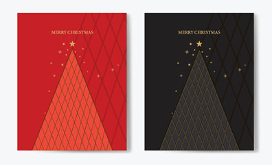 Christmas Card with Geometric Christmas Tree Design. Set of Festive Greeting Card Design Template with Elegant Christmas Tree Illustration and 'Merry Christmas' Golden Text.