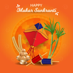 Happy Makar Sankranti Vector Illustration. Hindu festival poster with a kite, spool, bamboo, sweets and wheat harvest. Colorful flying kite Banner Mandala Background. Social media post, promotion art