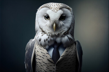 Portrait of owl in a business suit, generative ai
