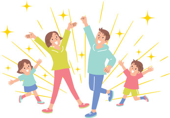 楽しそうにジャンプする４人家族　キラキラ