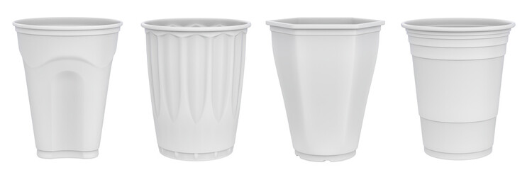 Clay render of plastic cup set isolated on white background - 3D illustration