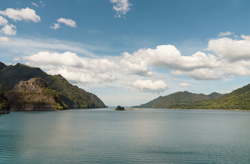 Landscape panorama of Vajiralongkorn Dam or Khao Laem dam beautiful lake and mountains the dream land of travellers in Kanchanaburi,Thailand.
