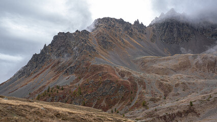 Autumn in Col du Lautaret high mountain pass. Hautes-Alpes, France