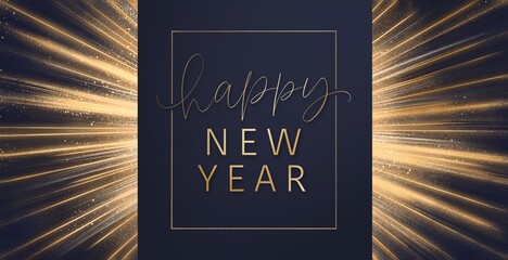 Happy New Year Card Dark Blue Golden Burst