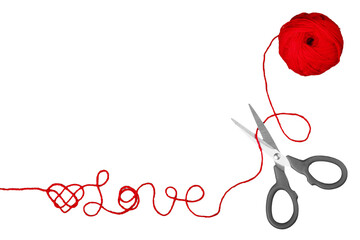 Text love with red heart from rope isolated on white background