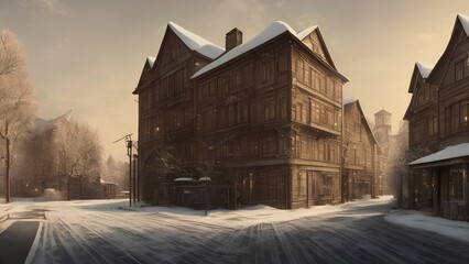Generative AI,view of snow covered buildings in city against sky