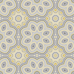 Islamic traditional geometric vector seamless ornament. Wallpaper print design. Decorative majolica motif. Ceramic decor design. Circles and lines composition.
