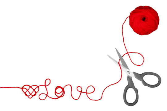 Text love with red heart from rope isolated on white background