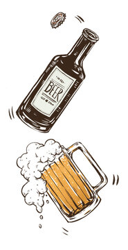 hand drawn illustration of a beer glass and bottle 