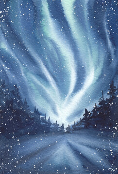 Watercolor illustration for postcards and print. Northern lights, night forest, road, snowfall. Handmade.