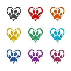 Heart with paw icon isolated on white background. Set icons colorful