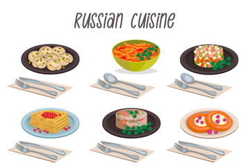 Russian cuisine. Pelmeni (dumplings), olivier, shchi soup, pancakes, aspic, vatrushka with cutlery. Vector graphic.	