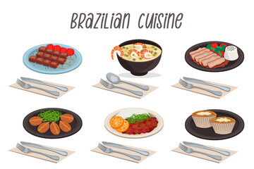 Brazilian cuisine. Pato no tucupi, churrasco, feijoada, tacaco, bolinos de bacalhao, queujadinha with cutlery. Vector graphic.