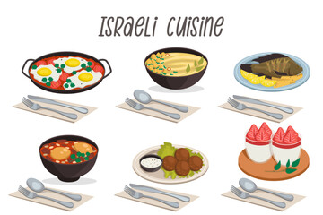 Set of Israeli food illustrations. Hummus, shakshuka, tilapilla fish, hamin (cholit), falafel, malabi with cutlery.