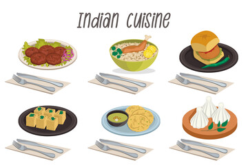 Set of 6 illustrations of Indian food dishes: tunde kebab, dokla, makki ki roti and sarson ka, biryani, vada pav, modak with cutlery.